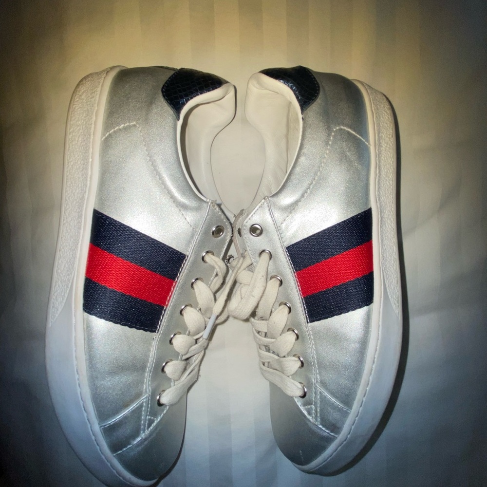 GUCCI silver Sneakers with Red and Blue Accents 44